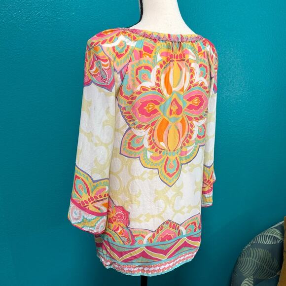 Hale Bob 100% Silk Beaded Neckline Multicolor Print Women's Blouse XS - Picture 8 of 11
